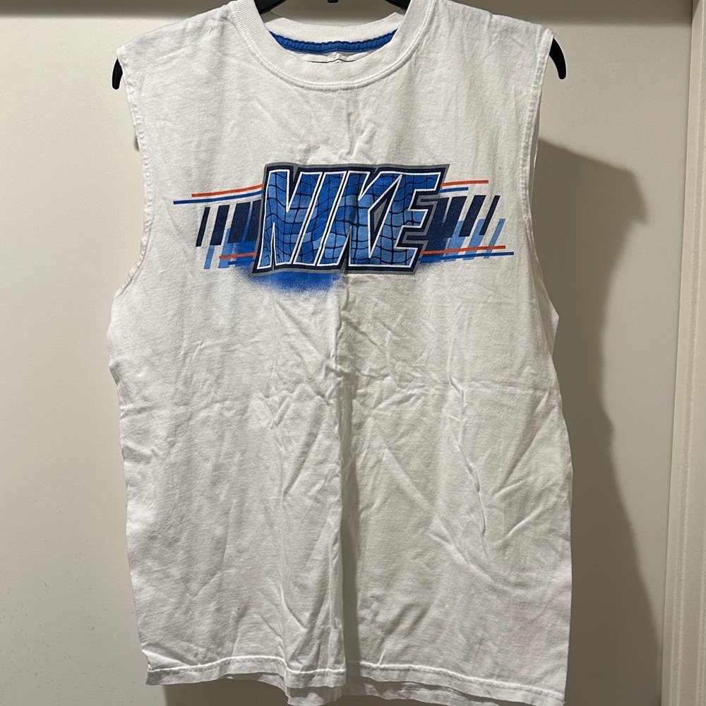 Nike White Sleeveless Graphic Tank with Blue and Red Logo